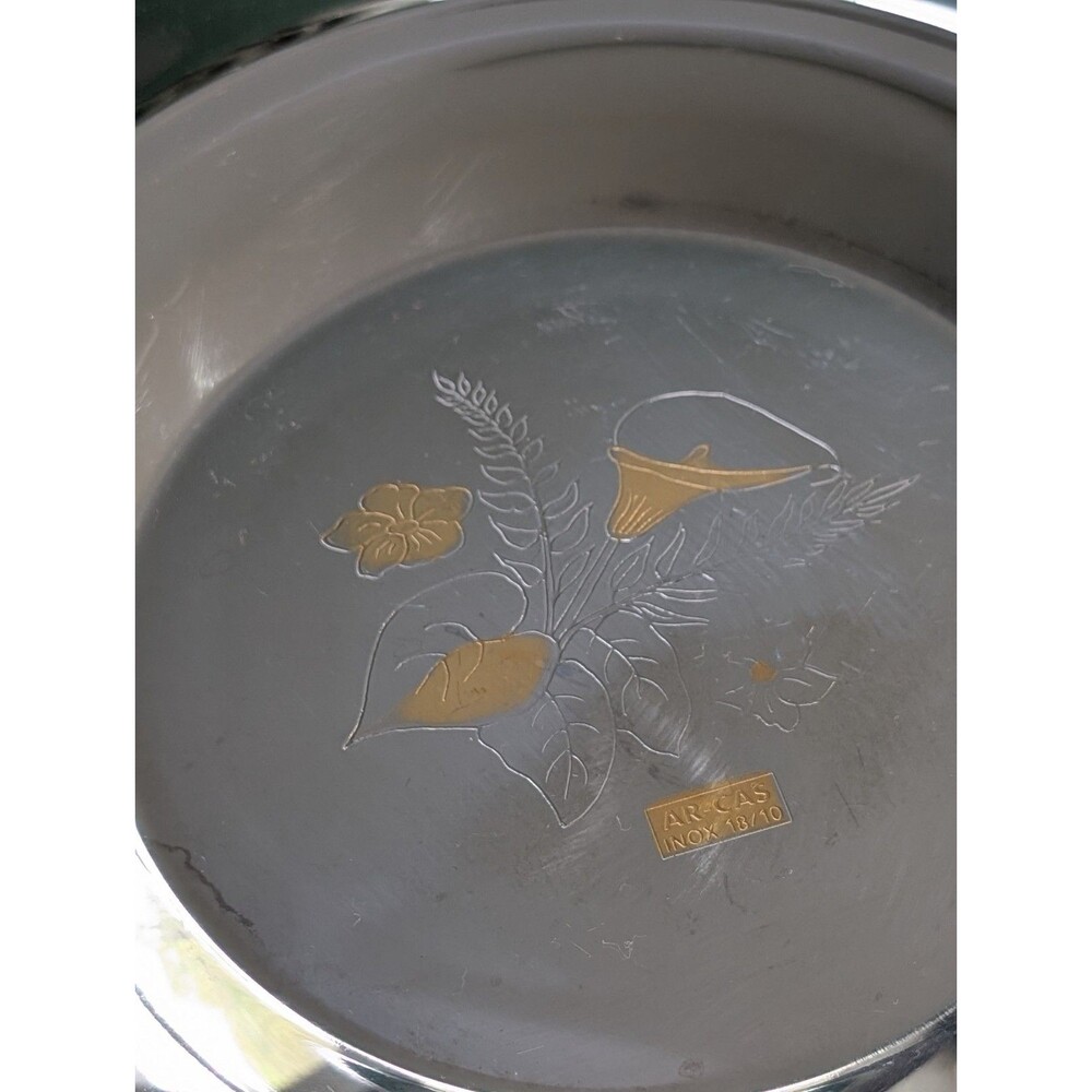 Serving Bowl Charger Dish Shiny Mirrored Floral Design w Gold Tone Handle (2) - Picture 8 of 11